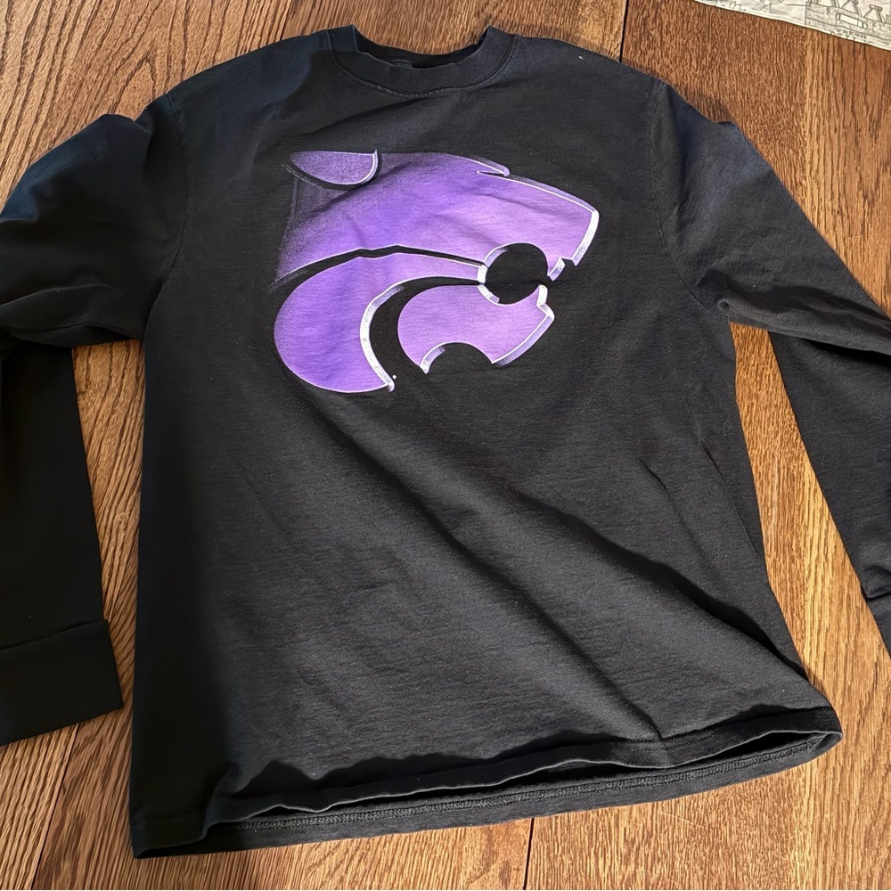 Kansas State Black Long Sleeve Shirt with Purple Wildcat Logo, unisex Medium